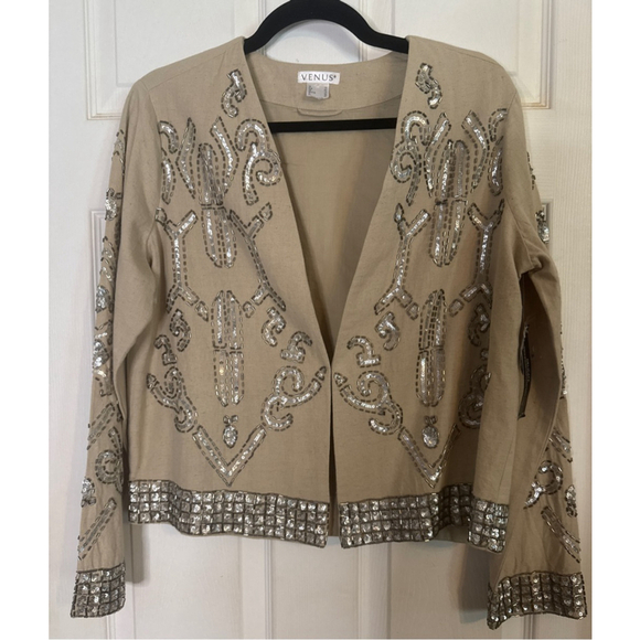 VENUS Jackets & Blazers - VENUS Beige Silver Sequin Blazer Jacket Size 12